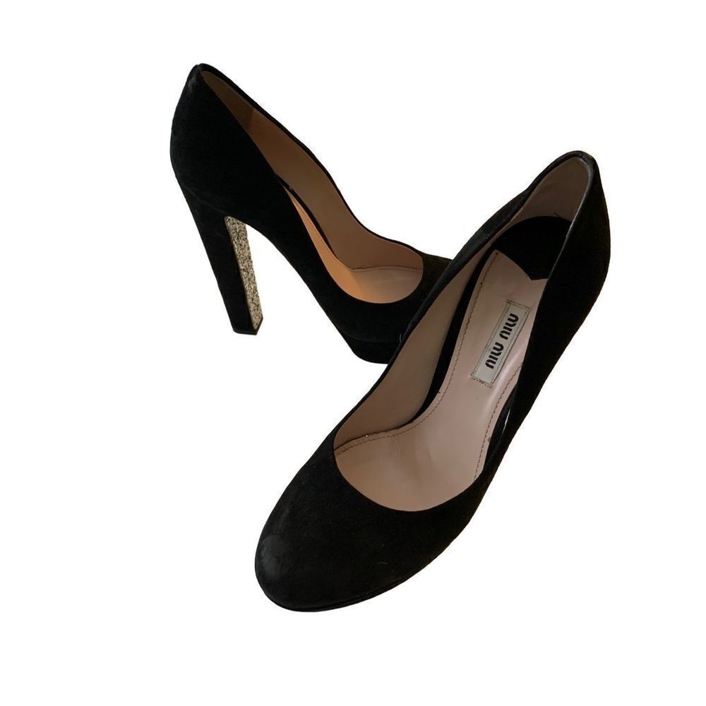 Miu Miu Black Suede Glitter Heel Platform Pump size 39.5 US 9.5